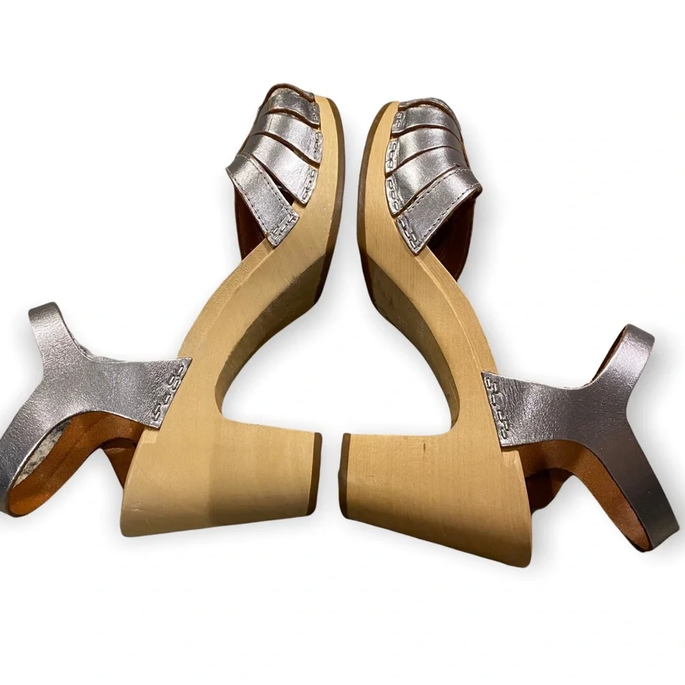 Swedish Hasbeens Silver Leather Clog Sandals